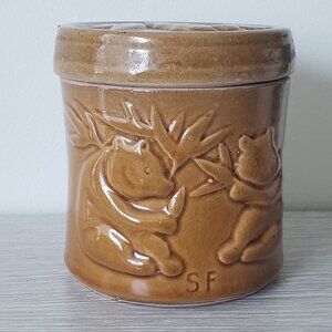 Embossed Pandas & Bamboo Canister W/ Lid Sheila Fournier Tan Glazed Ceramic VTG